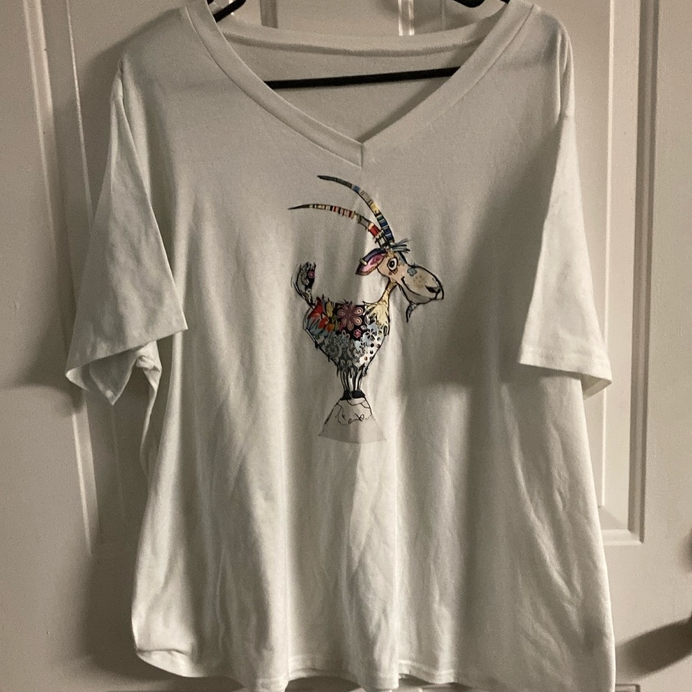 White Graphic V-Neck Women's Top